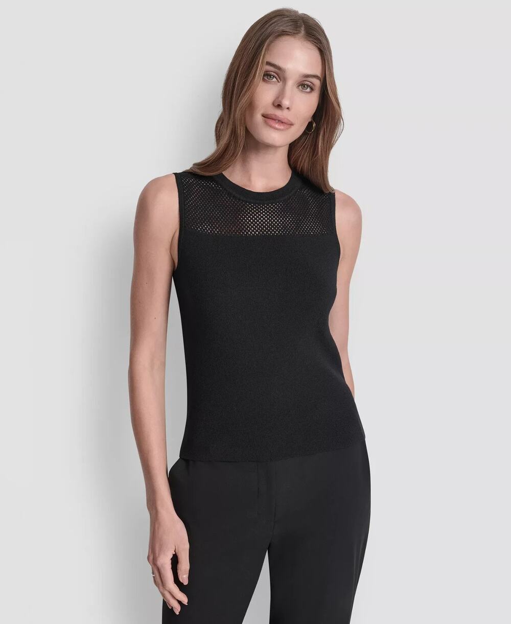 DKNY Women's Sleeveless Mesh Yoke Sweater Black Size M 1400